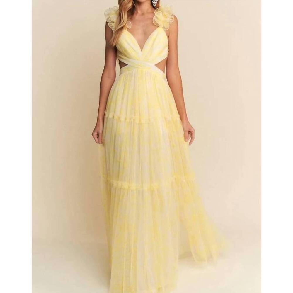 NEW MANIJU golden embrace ruffled tulle gown in yellow